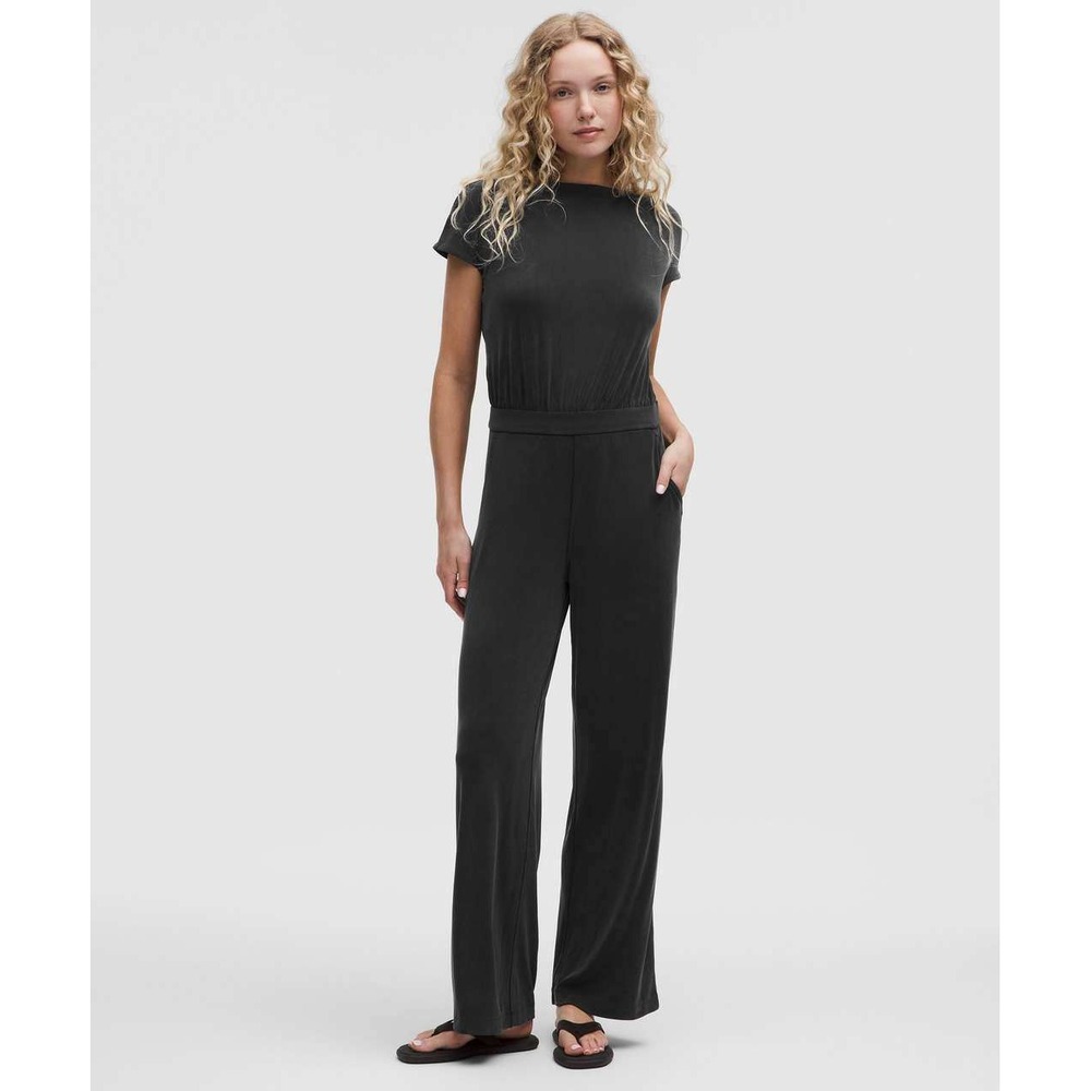 Lululemon Jumpsuit Drapey Softstreme Black Wrap Back Wide Leg Womens XL